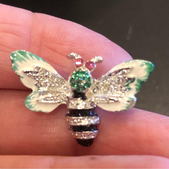 Vintage bees / wasps pins brooch set of 2, silver & teal.  Mom and baby - Picture 5 of 9